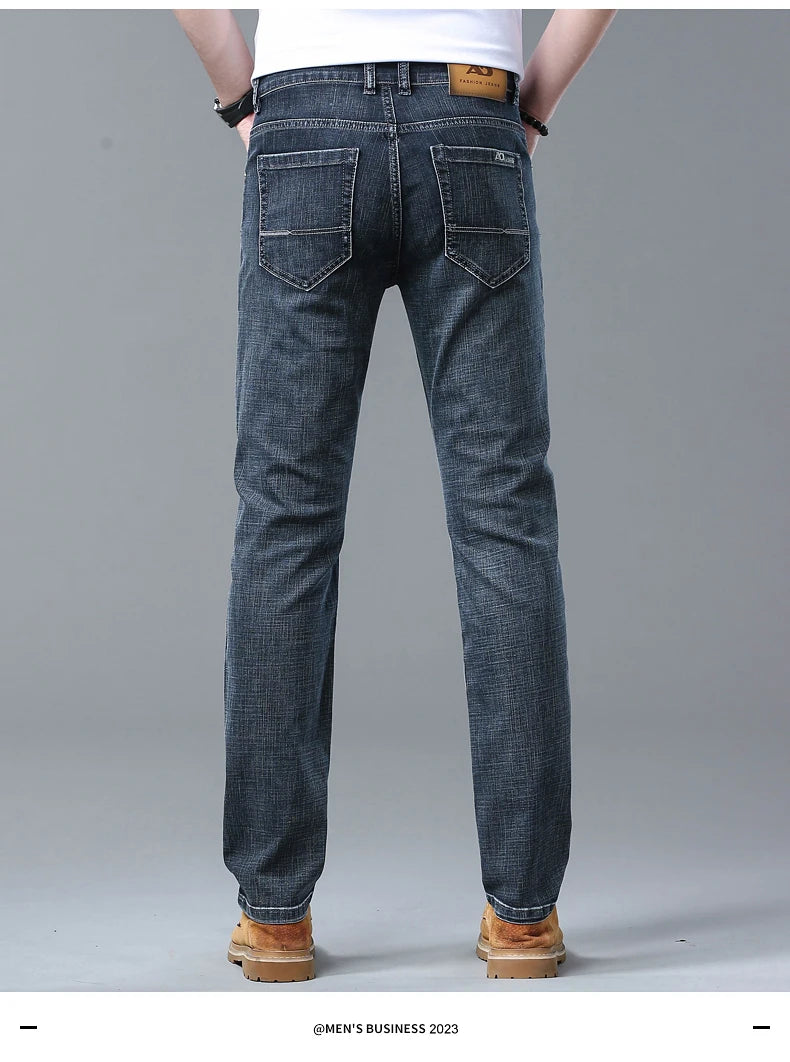 2026 Brand New Men  Straight Blue Gray Jeans Business Fashion Classic Style Cotton Stretch Denim Pants Male Brand Trousers