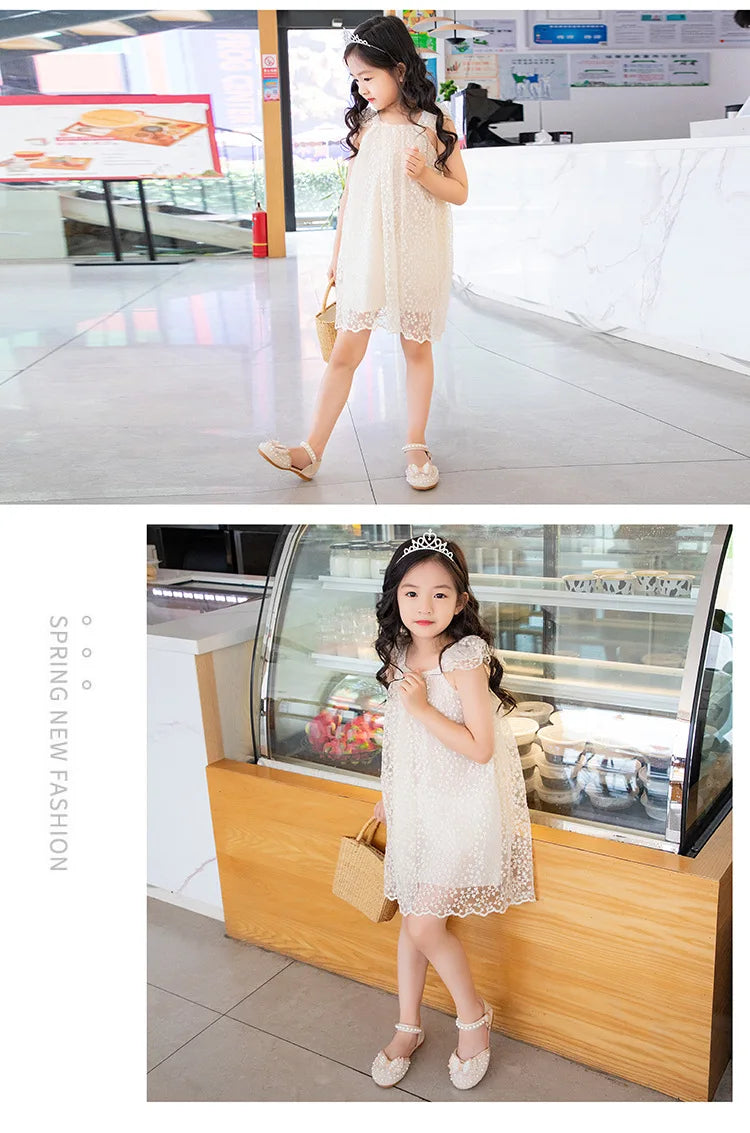 2026 Spring New Girl Sandals Cute Bow Pearl Sequins Kid Princess Shoes Flat Heels children Dancing 21-34