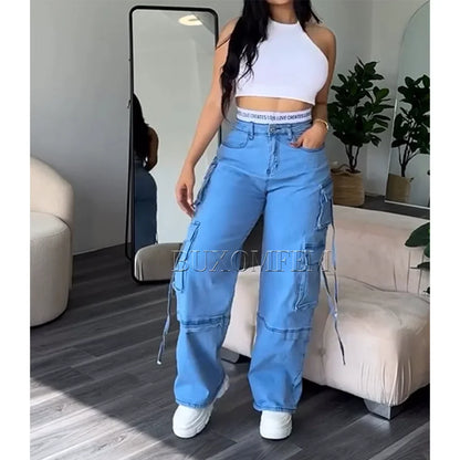 Women's Multi-Pocket Jeans, Retro Splicing, Drawstring, Cool Girl Trousers