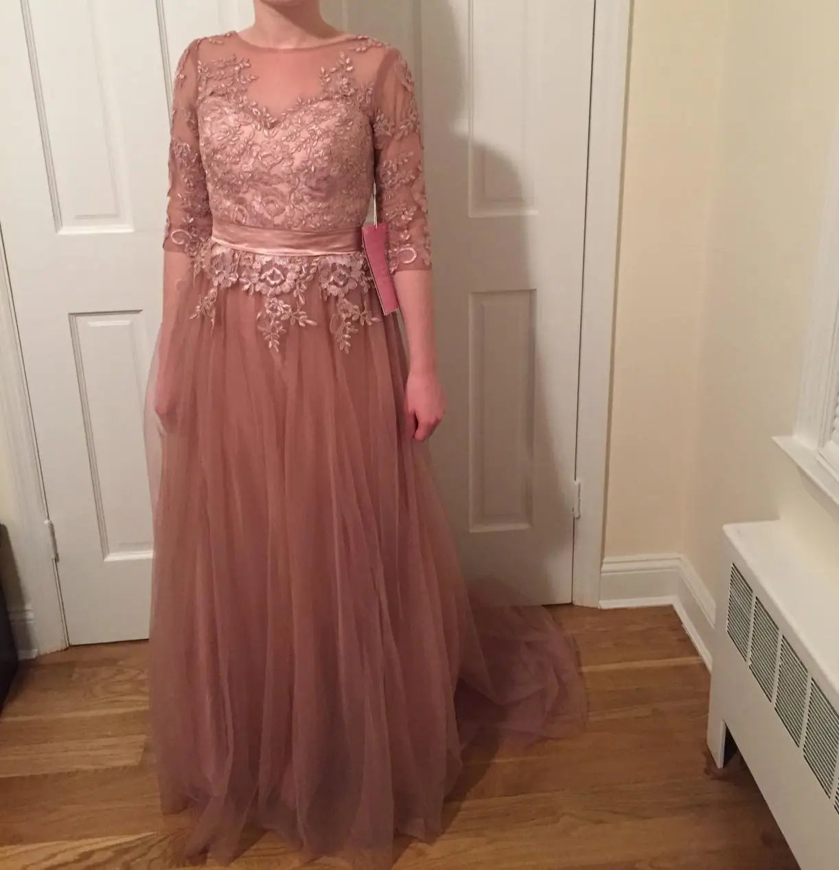 Vestidos de Renda Decote Redondo Noite Elegantes Meia Manga Aplicações Tule Festa Formal Longo Sem Costas Com Cinto Robe De