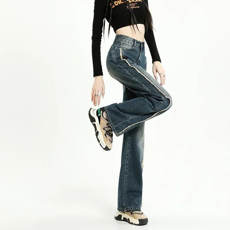 Cotton Wide-leg Women's Baggy Jeans High Waist Distressed