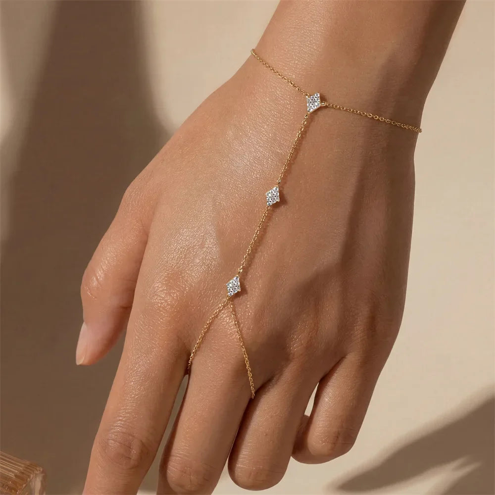 Dainty 5A Zircon Finger Ring Chain Bracelets Flower High Carbon Bracelet for Women Girl Adjustable s925 Silver Jewelry Gift