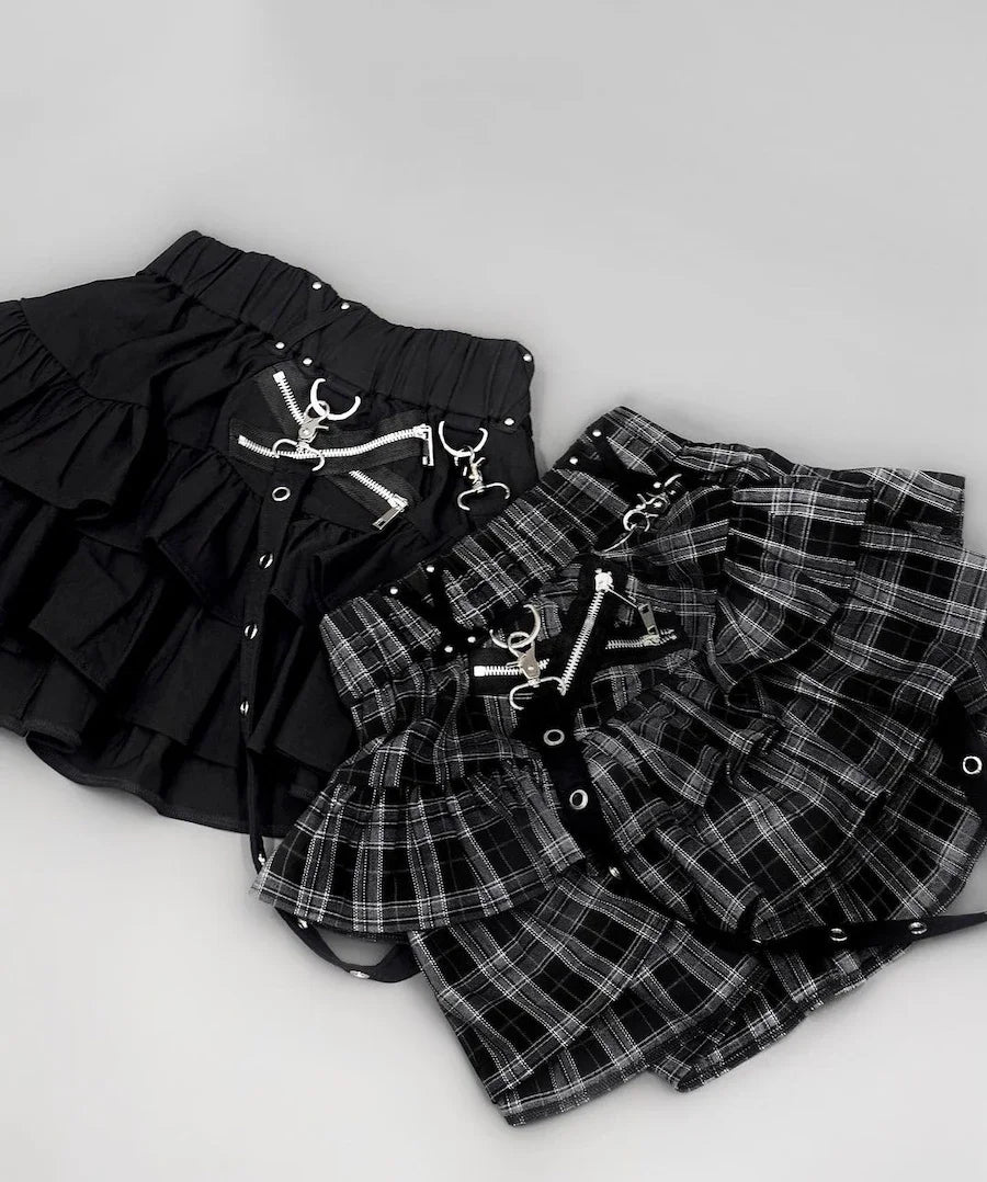 Japanese Style Mine Harajuku Punk Metal Buckle with Packet Decorative Ruffled Short Skirt Sweet Cool Girl Women's Plaid Skirt