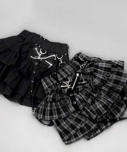 Japanese Style Mine Harajuku Punk Metal Buckle with Packet Decorative Ruffled Short Skirt Sweet Cool Girl Women's Plaid Skirt