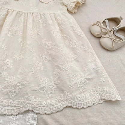 2026 Summer New Pure Cotton Embroidered Floral Short Sleeved Girl's Dress 2-6Yrs Versatile Adorable Korean Style Dress