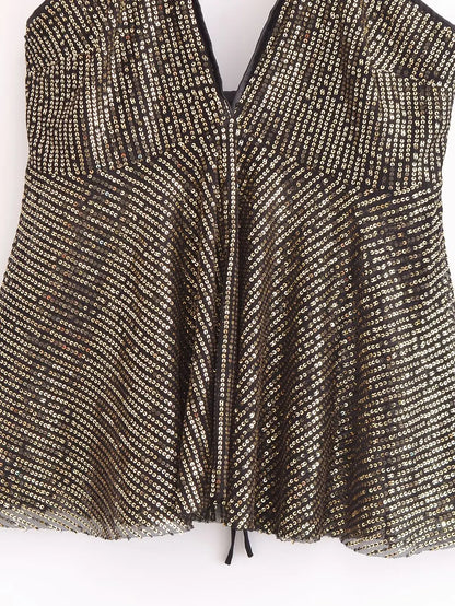 2025 Women Chic Deep V Neck Sequined Design Sling Camis Tank Lady Backless Cross Sexy Shirt Blouse Tops LS7381