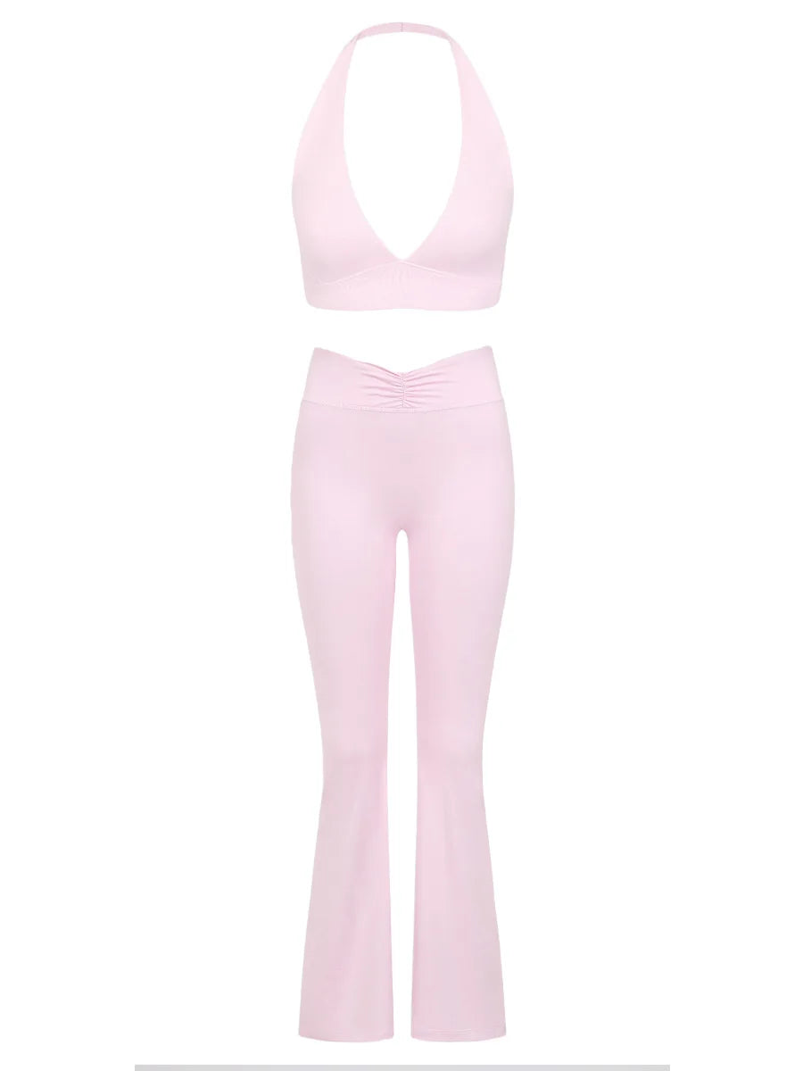 Women's Yoga Suits Camisole Backless Nude Beautiful Back Neck Hanging Bra Flared Pants Fitness Set