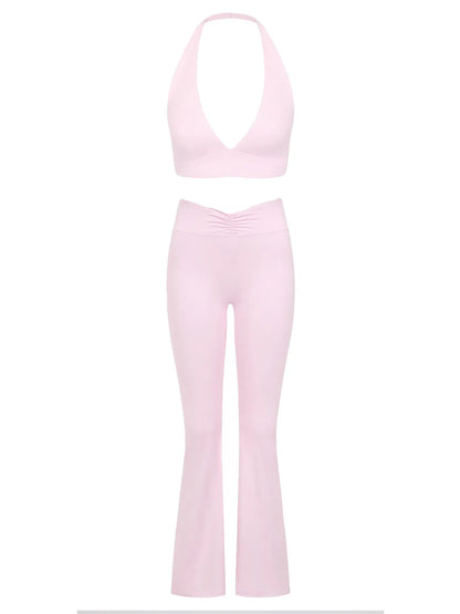 Women's Yoga Suits Camisole Backless Nude Beautiful Back Neck Hanging Bra Flared Pants Fitness Set