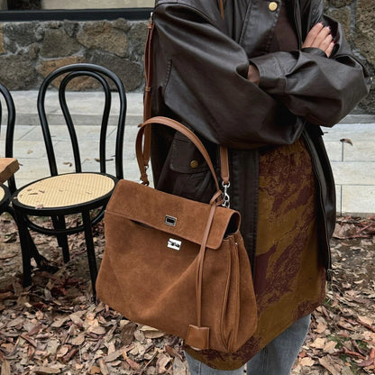 Suede Leather Tote Bag for Women Large Capacity Cowhide Shoulder Bag Designer Lock Satchel Chic Soft Nubuck Crossbody Purse