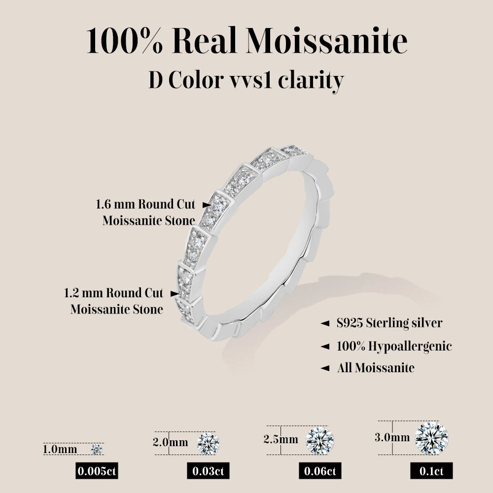 S925 Silver Snake Ring Pave Moissanite Wedding Eternity Band Stackable Luxury Fine Jewelry forWomen Pass Diamond Tester