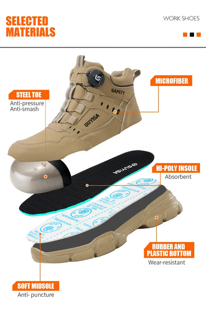 Men's Steel Head Work Shoes Anti Smash and Anti stab Khaki High Top Intelligent Buckle Simple Fashion Industrial Style Pr