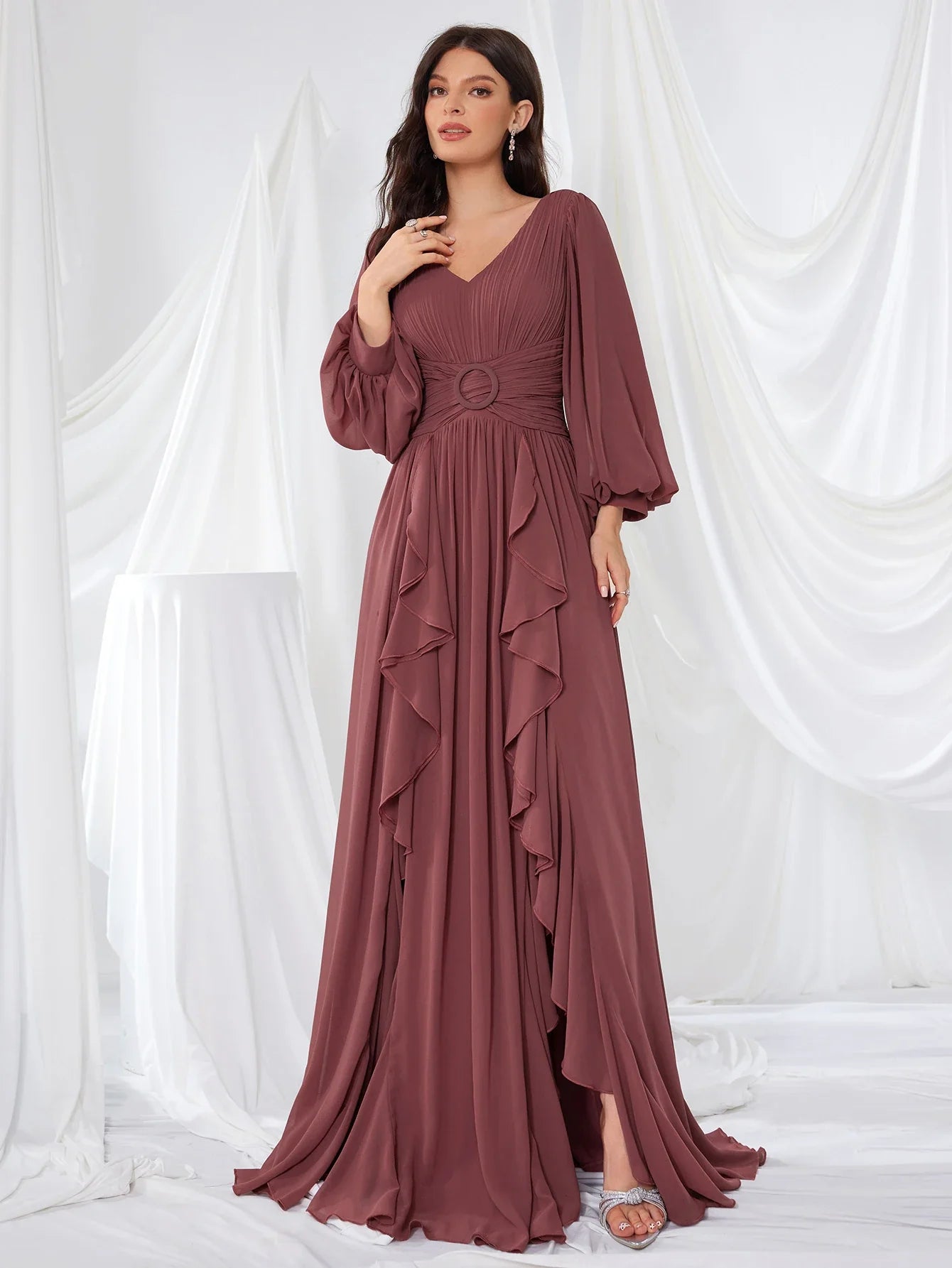 Women's V-Neck Long Sleeve Chiffon Dress Split Bridal Maids Maxi Gown