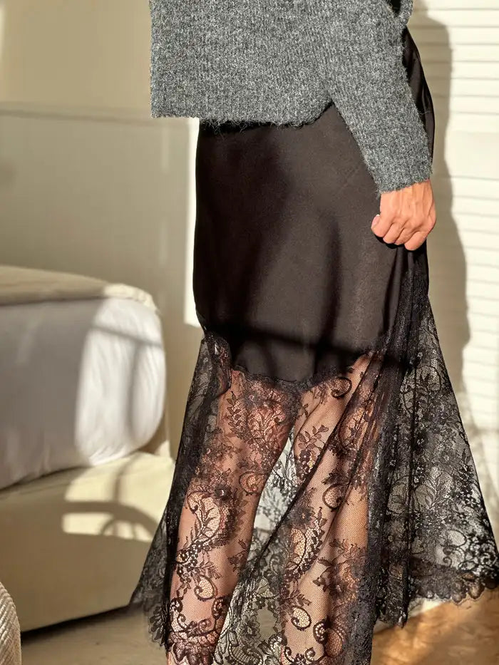 Lace Stitching Skirt Women's Casual Midi Skirt High Waist A-Line Skirt with Pockets Solid Color