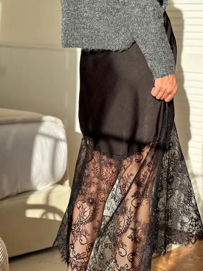 Lace Stitching Skirt Women's Casual Midi Skirt High Waist A-Line Skirt with Pockets Solid Color