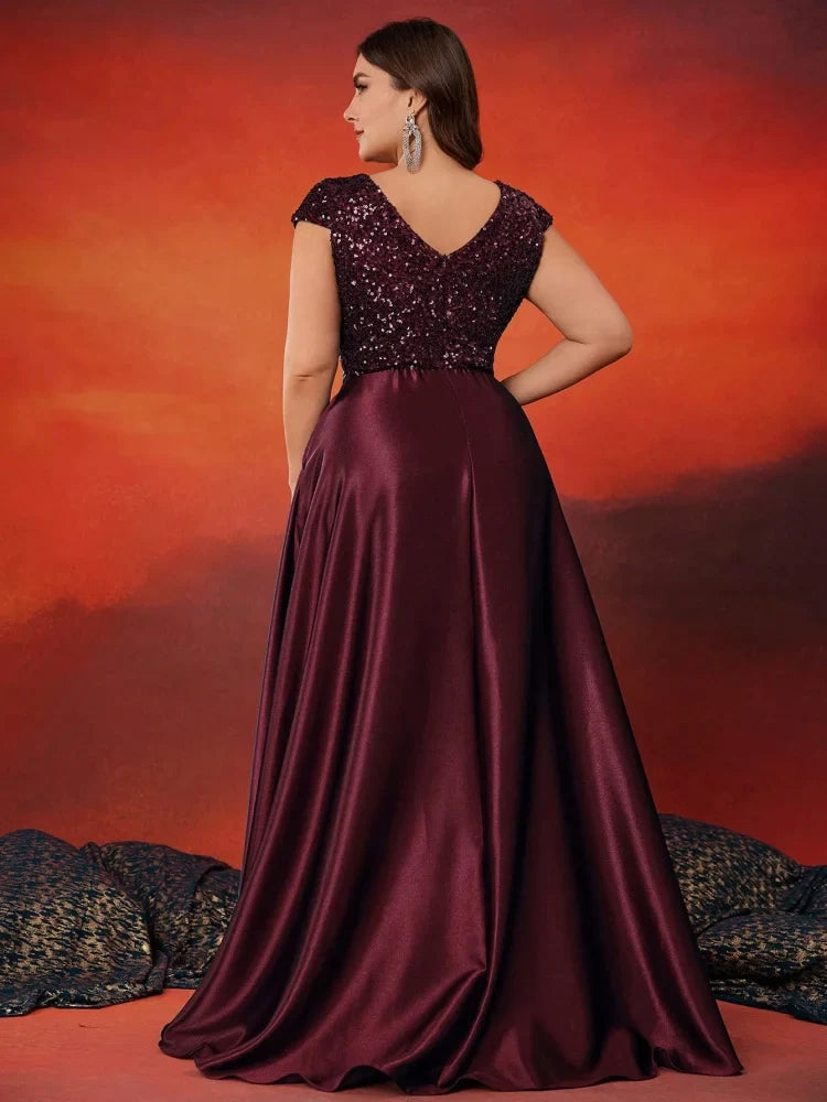 Plus Size Elegant V-Neck Red Sequins Evening Dress Long Luxury Women Satin Sleevesless Party Prom Cocktail Gowns