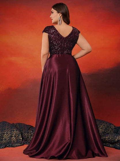 Plus Size Elegant V-Neck Red Sequins Evening Dress Long Luxury Women Satin Sleevesless Party Prom Cocktail Gowns
