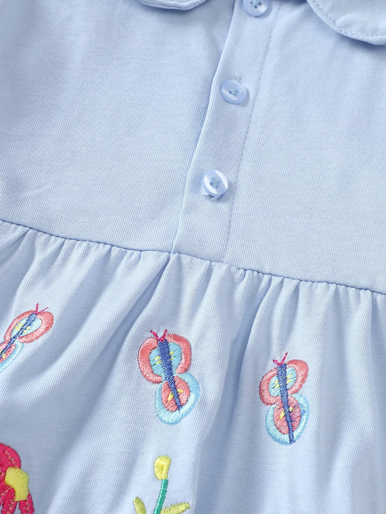 Girls' Short-Sleeved Dress with Floral Embroidery and Lapel Collar, Summer Style Sweet Princess Dress, Fresh Pastoral Style Children's Dress