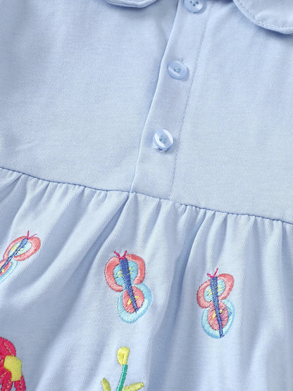 Girls' Short-Sleeved Dress with Floral Embroidery and Lapel Collar, Summer Style Sweet Princess Dress, Fresh Pastoral Style Children's Dress