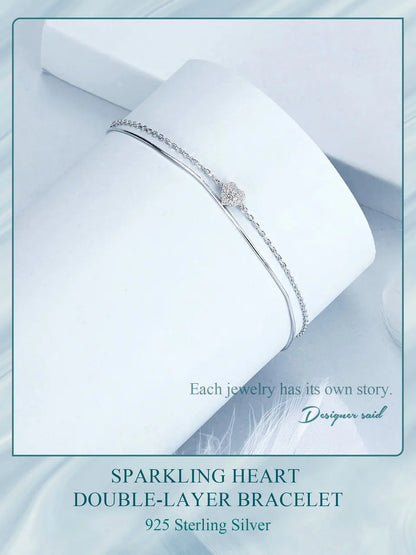 925 Sterling Silver Sparkling Heart Double Layer Bracelet for Women Adjustable Lock Chain Bracelet Fine Jewelry Gift