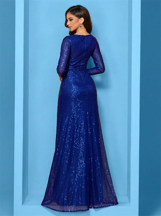 Luxury Floor Length V-Neck Evening Dresses 2025 Women Elegant Wedding Party Maxi Dress Sequins Long Sleeves Prom Cocktail Gowns