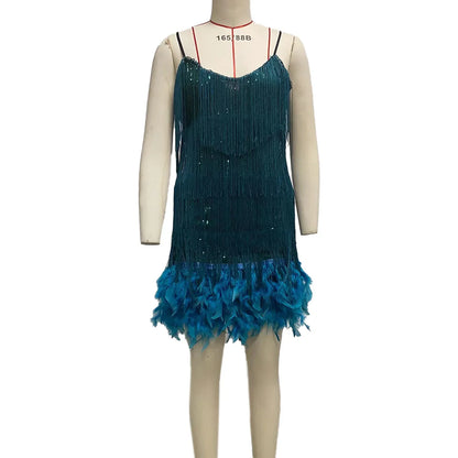 Elegant Dress Stretchy Tassel Sequins Decor Sexy Bodycon Mini Dress Pure Colors Above Knee Summer Dress Club Wear