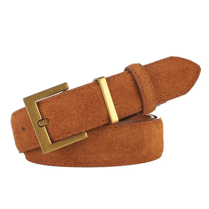 Trendy Cowhide Suede Belt for Women Casual Jeans Dress, Genuine Leather Belts with Square Alloy Buckle Waistband