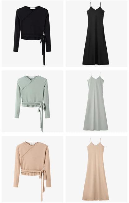 woman clothing high Stretch ribbing closed-fit wrap tops + Matte Satin dress Maxi matching sets (ship out in 1 day)