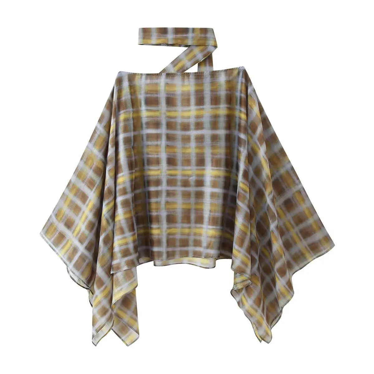 Women Fashion Plaid Print Blouse Vintage Casual Loose Asymmetric Hem Tops With Scarf Summer Thin Female Holiday Beach Outfits