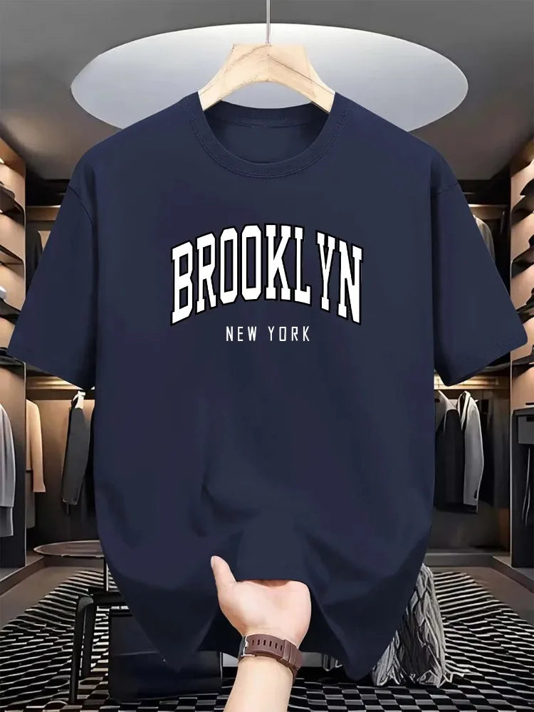 Men's Summer 100% Cotton Fashionable Casual Loose Brooklyn New York Printed Sports Round Neck Short Sleeved T-shirt Top
