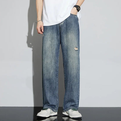 Korea Baggy Jeans Men's Vintage Straight Ripped Y2k Pants Fashion Frayed High Street Distressed Denim Trousers Male Clothes
