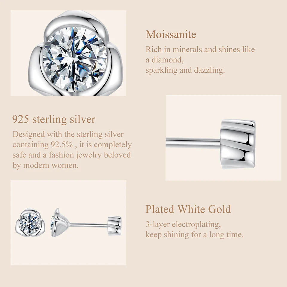 White Gold Plated Moissanite Rose Earrings for Women, 925 Sterling Silver Small Flower Studs Huggies Christmas Gift