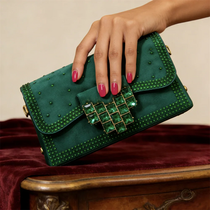 2026 Women's Elegant Green Rhinestone Slingback Heels & Matching Handbag Set - Stylish Pointed Toe Design