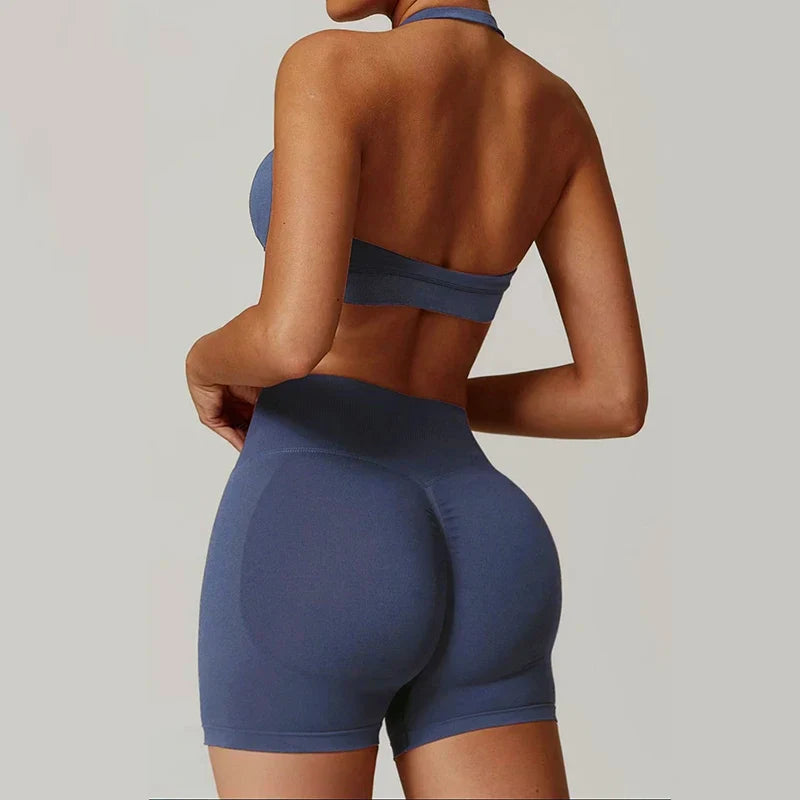 Sexy Halter Neck Beautiful Back High Waist Peach Sports Bras Shorts Suit Pilates Gathering Yoga Vest Training Fitness Bra Sets