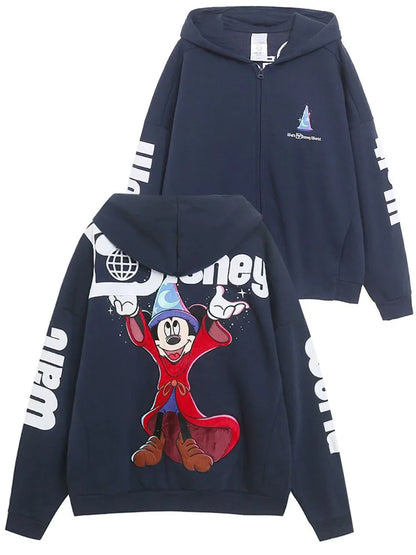 Moletom de Lã Bordado com Estampa de Desenho Animado do Castelo Mundial Letra Mágica Mickey Mouse Feminino com Zíper e Capuz VELUDO Blusa
