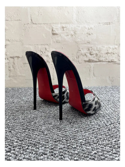 New 12cm fashionable high-heeled patent leather leopard print slippers with sexy open toed sandals, reversed size, 33-46