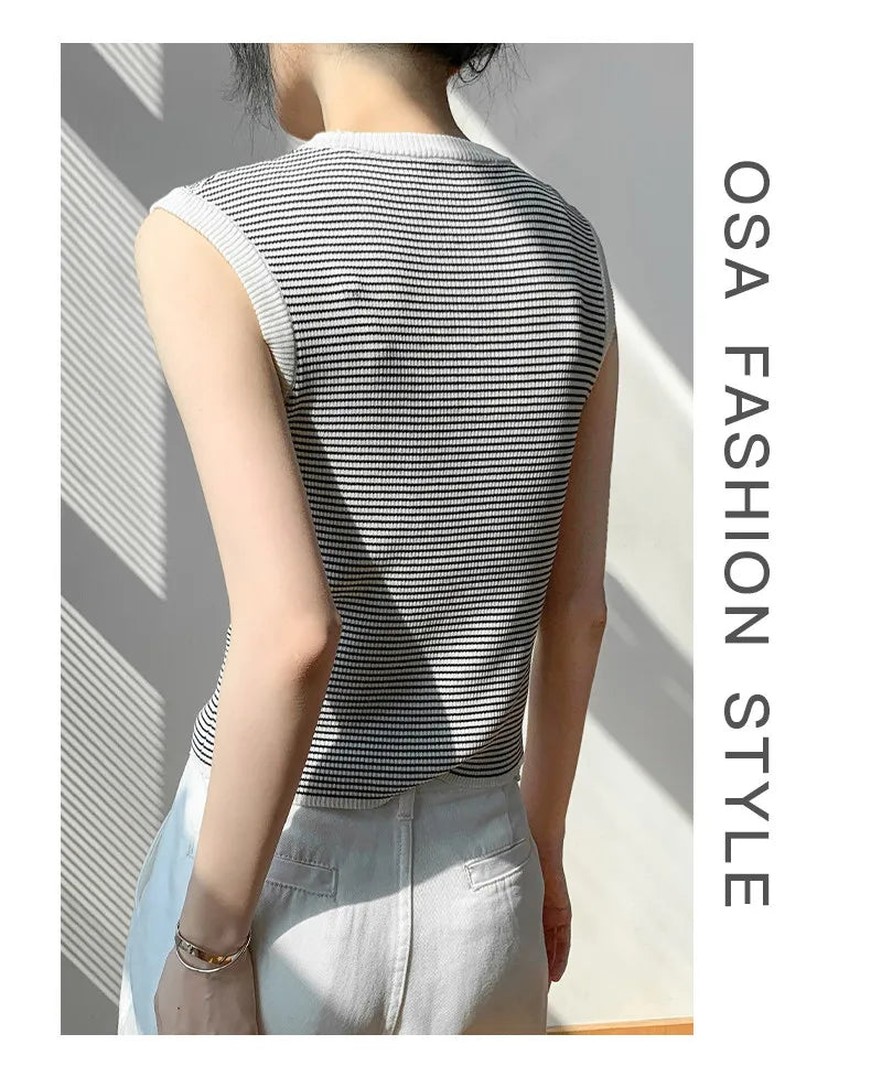 2026 Spring Summer O-Neck Striped Vest Top Simple Slim Fit Sleeveless Casual Versatile Women's Tank Top