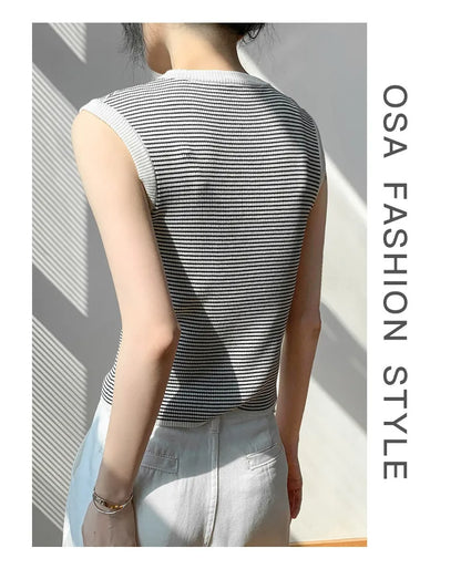 2026 Spring Summer O-Neck Striped Vest Top Simple Slim Fit Sleeveless Casual Versatile Women's Tank Top