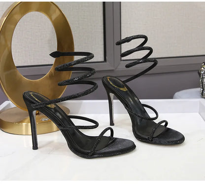 Luxury Rhinestones Snake Coiled Stiletto Heeled Women Gladiator Sandals 2024 Summer Silver Sole High heels Banquet Wedding Shoes