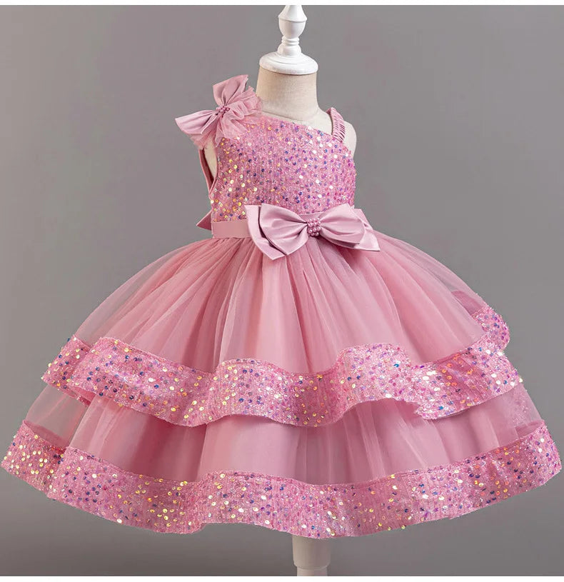 Girl's New Sequined Bow Irregular Collar Mesh Princess Dress Christmas Birthday Party Sweet and Cute Evening Dress