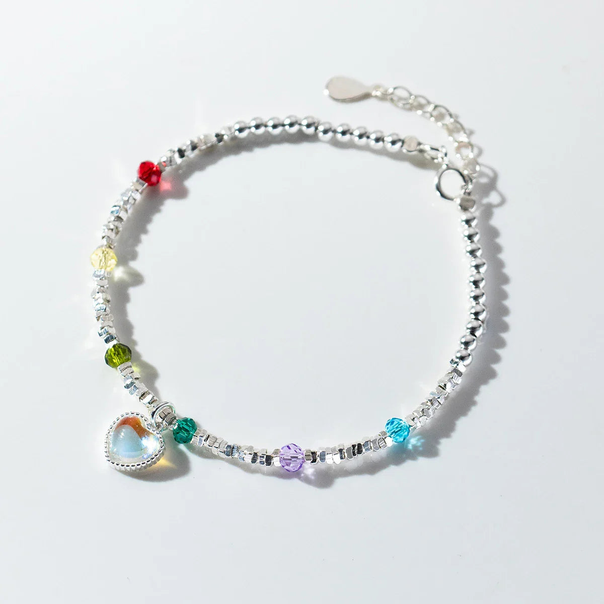 925 Sterling Silver Rainbow Color Crystal Beads Bracelet Charm Heart Moonstone Link Chain Bracelets For Women Jewelry