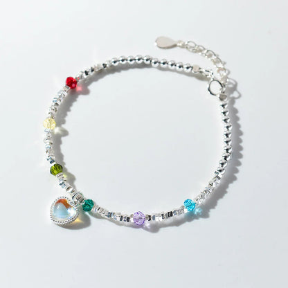 925 Sterling Silver Rainbow Color Crystal Beads Bracelet Charm Heart Moonstone Link Chain Bracelets For Women Jewelry