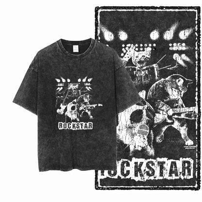cat Printed Cotton Acid Washed Exclusive Graphic Unisex T Shirt Cool Streetwear Men Tshirts Big Size Tee for men