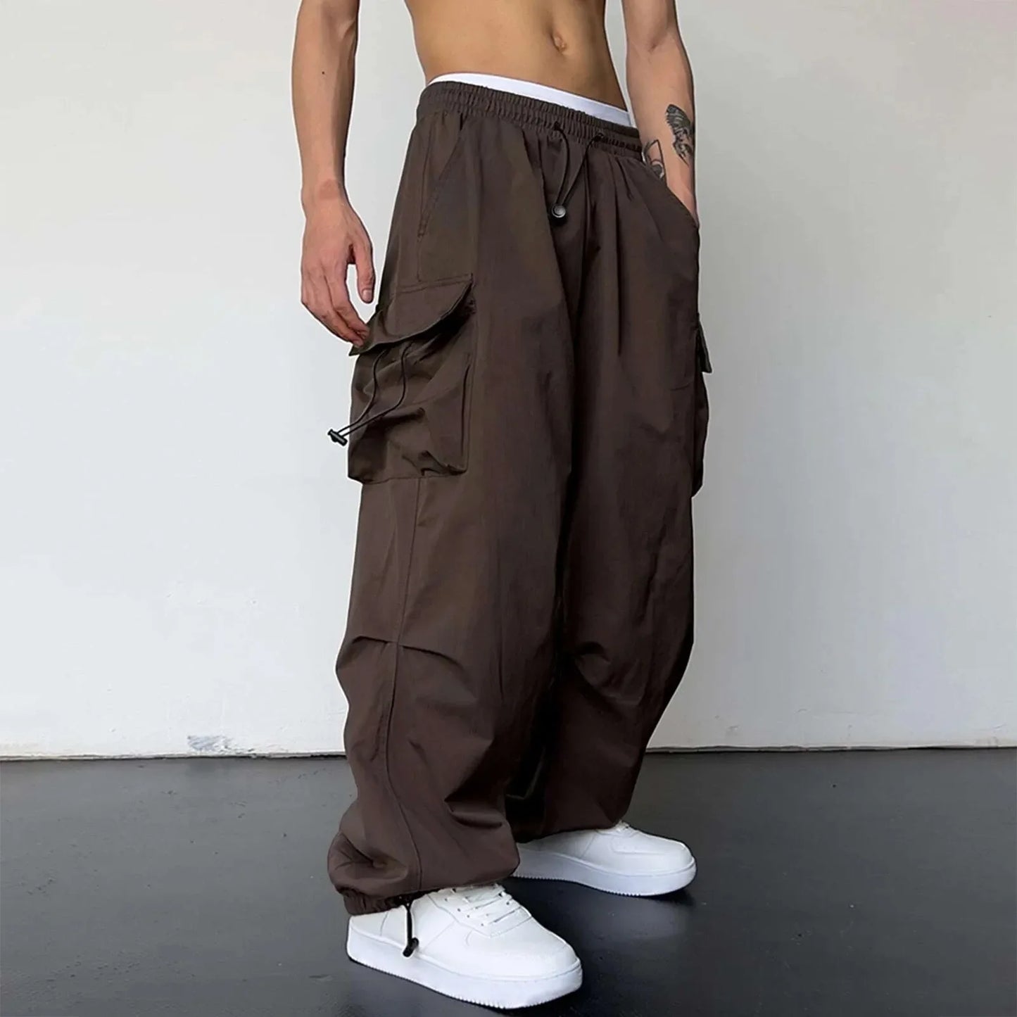 Cool Streetwear Versatile Quicky Drying Wide Leg Low Waist Drawstring Cargo Trousers Fashion Daily Casual Pockets Pants For Male