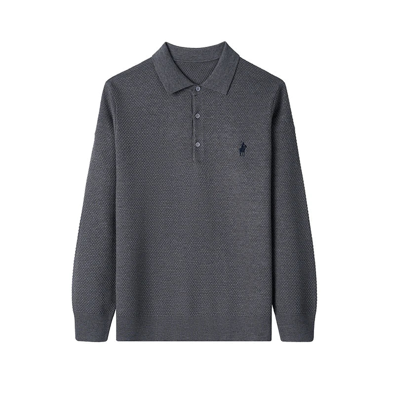 High-end Quality Men's Casual Outdoor Pineapple Pattern Knitted Long-sleeve Polo Shirt (eco-cotton, No Shrinkage No Deformation)