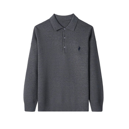 High-end Quality Men's Casual Outdoor Pineapple Pattern Knitted Long-sleeve Polo Shirt (eco-cotton, No Shrinkage No Deformation)
