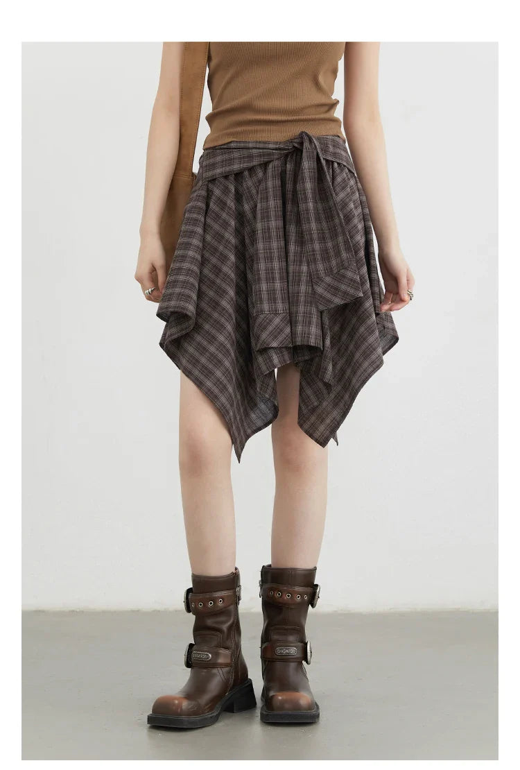 Women Skirts A Line Elastic Waist Strap Ties Irregular Plaid Half Length Skirt Female Short Skirt Woman Summer 2025