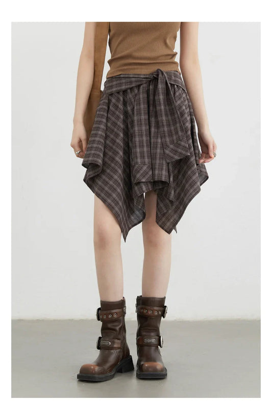 Women Skirts A Line Elastic Waist Strap Ties Irregular Plaid Half Length Skirt Female Short Skirt Woman Summer 2025