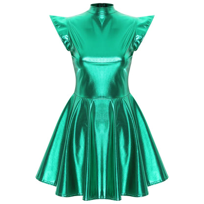 Womens Cocktail Dress Shiny Metallic Dress Alien Space Cap Sleeve High Waist A-line Dress for Halloween Party High Street Dress