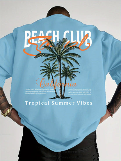 California Beach Club Palm Tree Print on Premium Soft 100% Cotton Mens T Shirt Perfect for Summer Tropical Casual Style