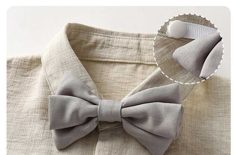 Kids Clothes Set Toddler Boys Gentleman Suit Khaki Short Sleeve Shirt with Bow Tie Shorts Formal Outfit Wedding Birthday Party